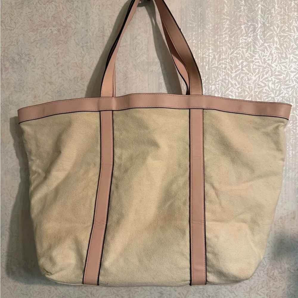 Victoria's Secret Beige Canvas Tote Bag with Pink Trim and Gold ...